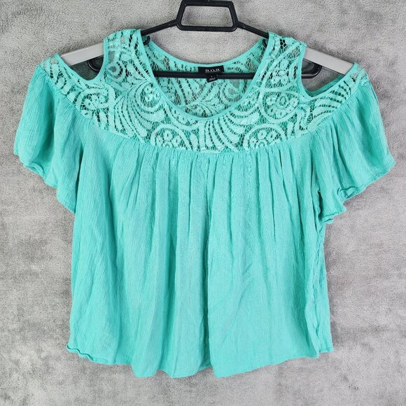 Women's A.N.A Turquoise Lace Yoke Top Blouse Short Sleeve Round Neck Size L - Picture 2 of 11